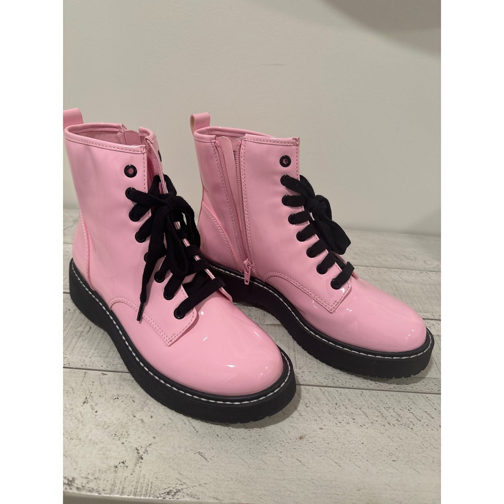 Madden NYC Womens Pink Patent Combat Boots Lace Up Side Zip WMMN42AM811E Size 8